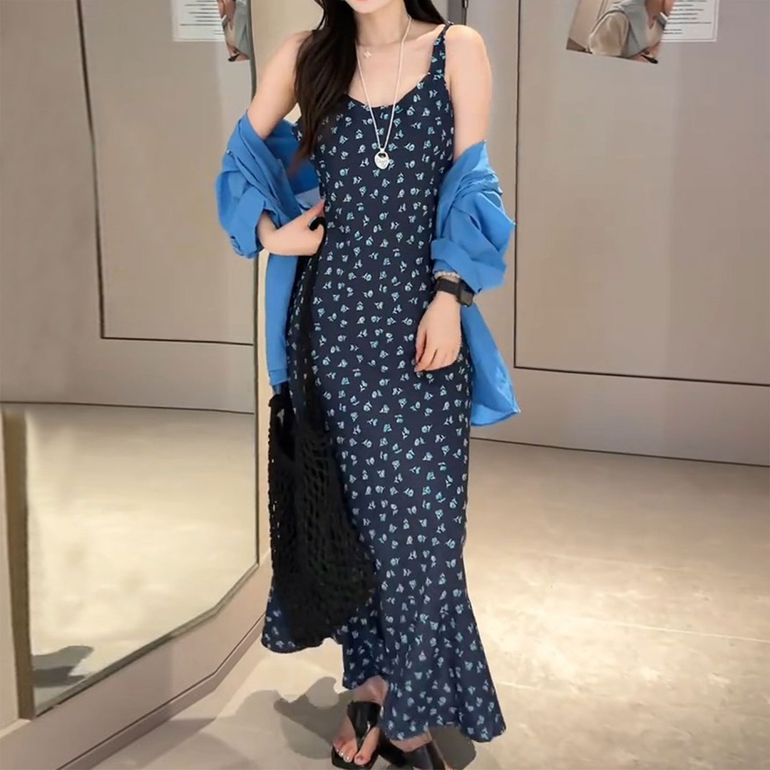 2020夏季新防晒衬衫碎花吊带连衣裙两件套女夏季新款洋气显瘦套装