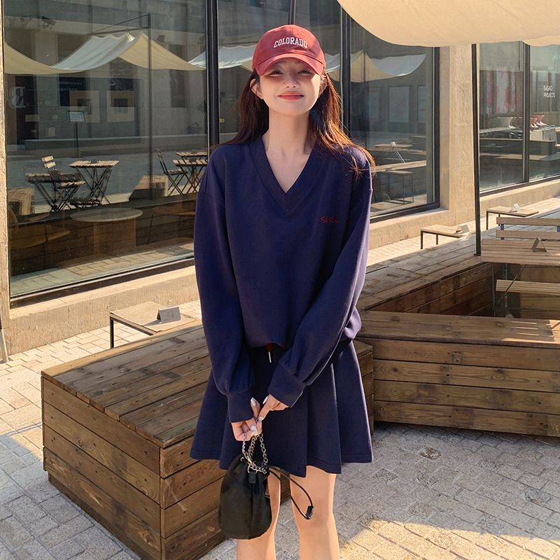 藏青色学院风休闲运动套装女2025春秋新款小个子卫衣半身裙两件套