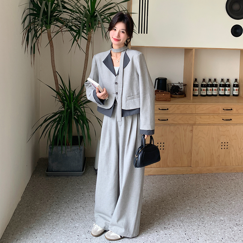 灰色拼接西装阔腿裤套装女春季2025新款ootd穿搭韩系高级感两件套
