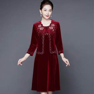 春秋女中老年喜妈妈装高端金丝绒婆婆婚宴礼服套装喜服两件套旗袍