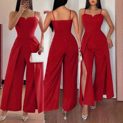 Women's Sleeveless Jumpsuit Heart Neckline Waist Cinching