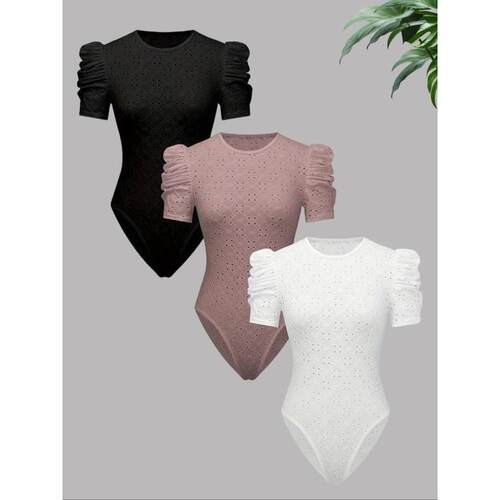 Solid Ruched Bodysuit Casual Short Sleeve Round Neck