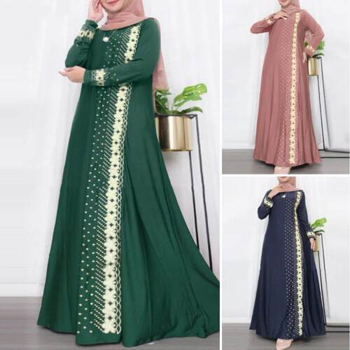 Floral & Dot Print Long Sleeve Maxi Dress Modest Round Neck