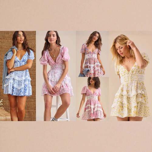 Women Summer Floral Patchwork Mini Dress V Neck Tie Back