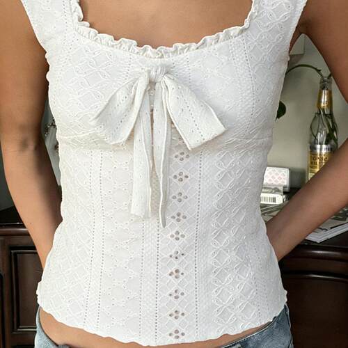 Pure Color Embroidered Lace Square Neck Crop Top Butterfly