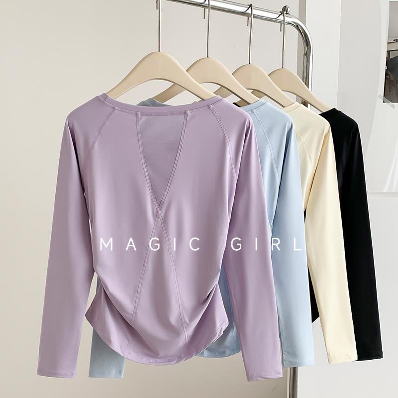 秋冬季裸感运动健身衣女速干网纱透气瑜伽服侧腰褶皱羽毛球服长袖