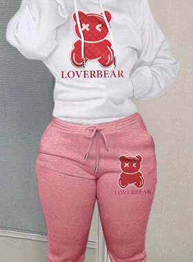 Cartoon Bear Print Two-piece Set Drawstring Long Sleeve