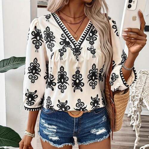 Women's Ethnic Pattern V Neck Blouse Boho Casual 3/4 Sleeve