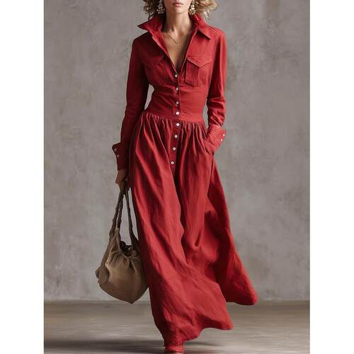 Women's New Spring Summer Button-Front Pockets Collared Maxi
