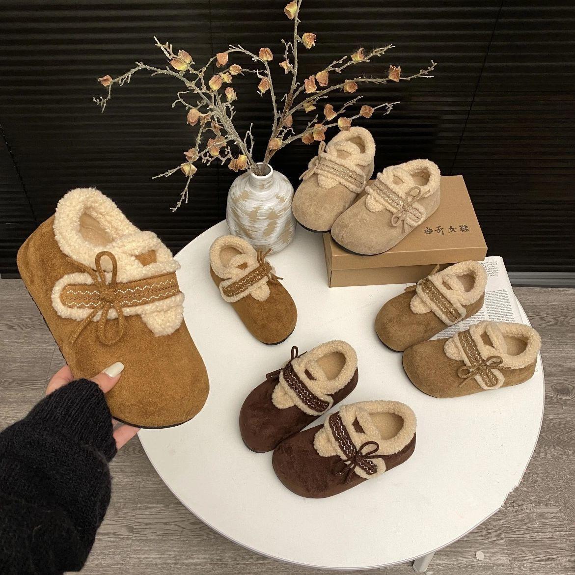 厚底韩版加绒刺绣蝴蝶结勃肯鞋女款2025冬季新款百搭冬款外穿棉鞋