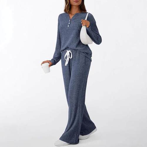 Womens twopiece casual outfit Vneck buttoned knitted top