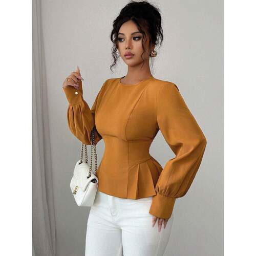 A women's caramel brown round-neck fitted crop top with