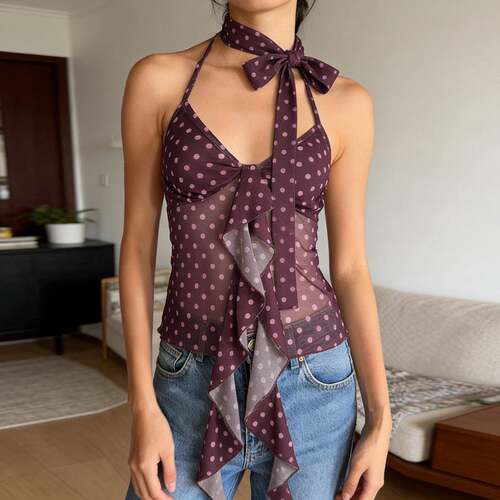 Y2K Polka Dot Sheer Boho Tie Neck Halter Neck Crop Top with