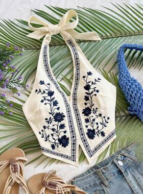 Vacation Style Embroidered Halter Neck Sleeveless Tank Top