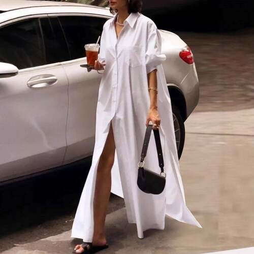 Women's Long Sleeves Loose Buttoned Solid Color Split-Side