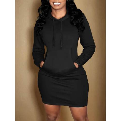 Women's Solid Drawstring Hooded Sweatshirt Dress Casual