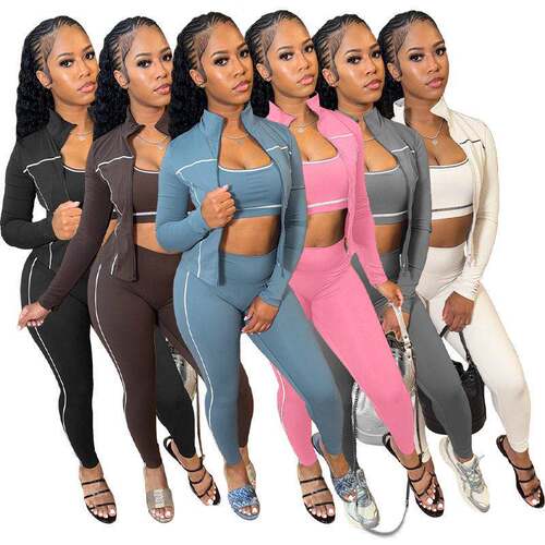 Casual 3 Piece Set Women Tracksuit Elastic VestZip