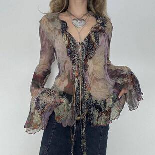 Bohemian Chic| Y2K-Inspired Floral Tie-Dye Mesh Blouse with