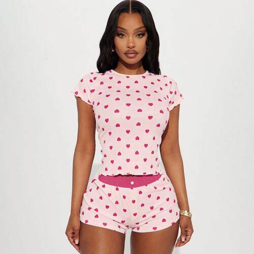 Women's Heart Print Top & Shorts Pyjama Two-piece Set