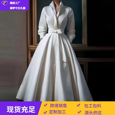 Women Elegant Shirt Dress Long Sleeve Stand Collar White