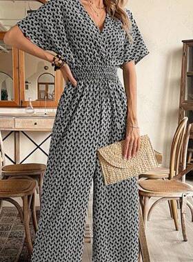 Casual Vacation Geometric Cross V-Neck Cinched High Waist
