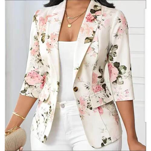 A fashionable white Floral printed casual suit jacket for