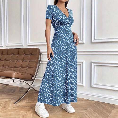 Women's Ditsy Floral Print V Neck Knit Dress Elegant Casual