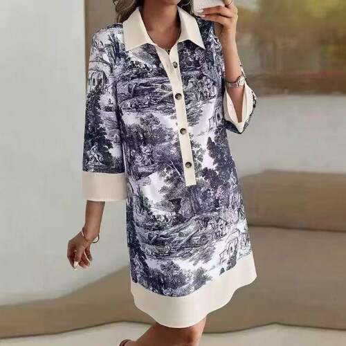 Women's Green Geometric Print Three-Quarter Sleeve Buttoned