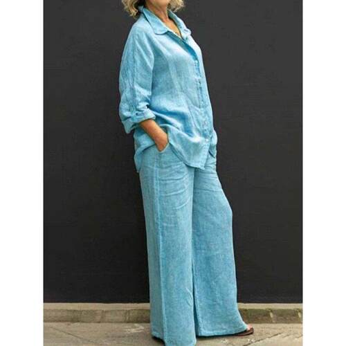 Women's Solid Color Long Sleeve Shirt & Wide Leg Pants Set