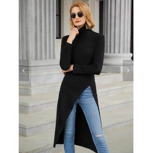 Women's simple tight solid color split high collar long