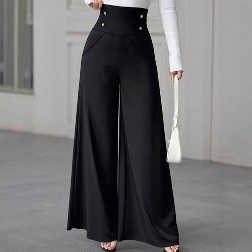 Women's black high-waisted metal buckle decorated wide-leg
