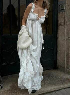 Womens Loose Sleeveless White Long Skirt For Lady Seaside