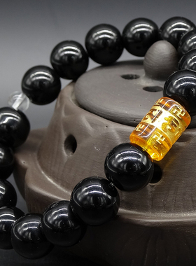 黑碧玺六字真言饰品文玩佛珠手链