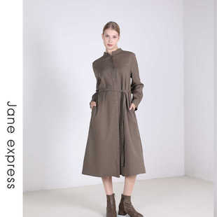 新款 简表达24年冬季 简约通勤连衣裙杉卡其DLY41004 express Jane