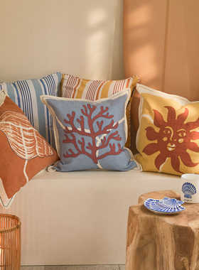 Lexington棉麻海螺靠垫亚麻珊瑚抱枕方形沙发靠枕办公室午休腰靠