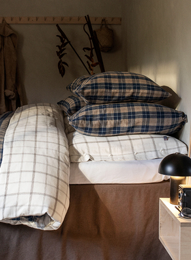 Lexington三件套法兰绒白棕窗格纹纯棉绿沙格纹被套床单秋冬件套