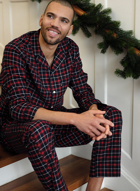 Lexington假日法兰绒蓝红格纹家居套女纯棉情侣长袖长裤男睡衣