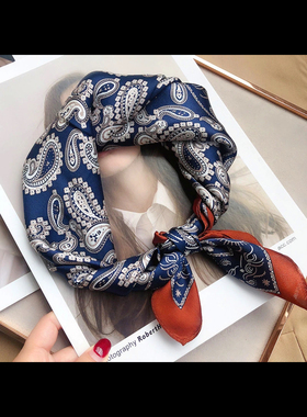 Qiantang Story100桑蚕丝小方巾欧式腰果藏青昭仪丽颖同款53*53CM