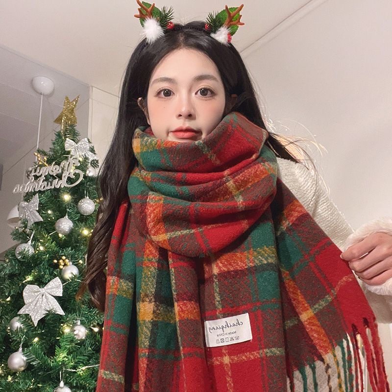 高定新年氛围感中国红色流苏女秋冬新款针织保暖韩版圣诞格子围巾