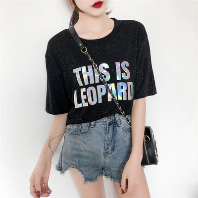 。超火的夏季短袖T恤女雷射闪闪blingbling亮片上衣