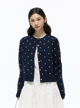 SAME OLD藏蓝色新款复古波点满印毛衣针织开衫女外套百搭显瘦上衣