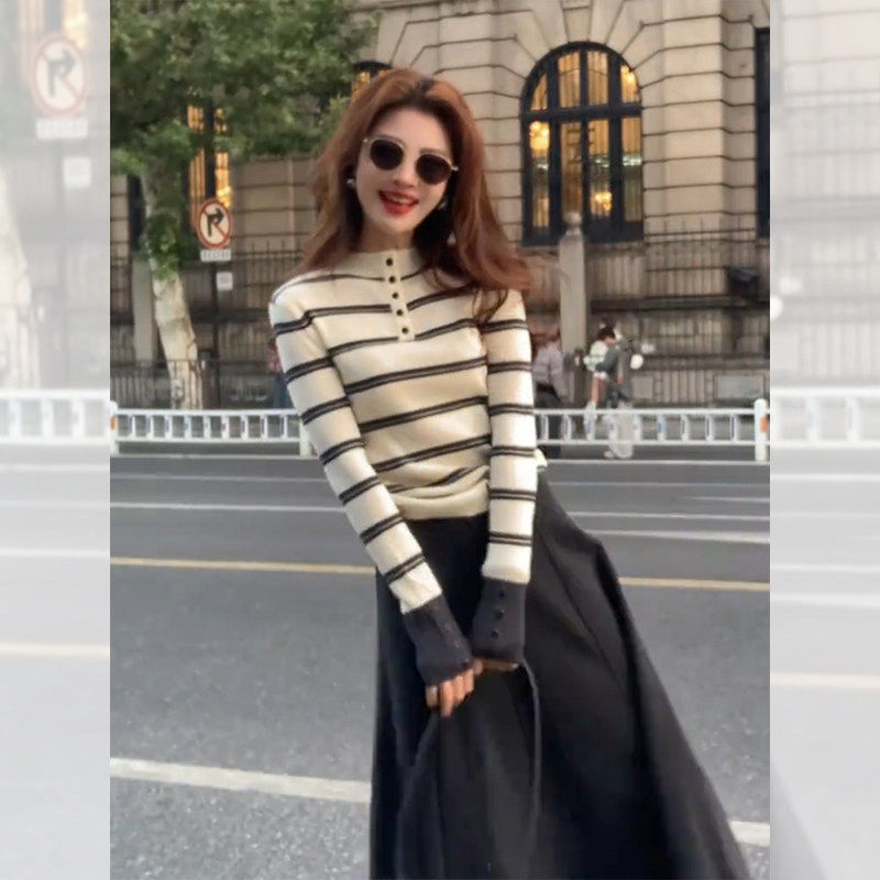 小个子条纹撞色立领长袖针织衫女初冬季修身巨好看的内搭打底上衣,个性定制/设计服务/DIY,棉服工装,淘宝优惠券,粉丝福利购,淘宝优惠卷