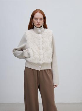 1Mirro2025新款冬季法式针织拼毛短款大衣外套女气质保暖环保皮草