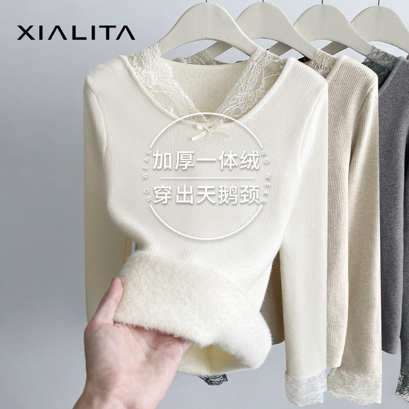 蕾丝仿水貂绒针织打底衫女一体绒毛衣2025新款秋冬加绒上衣内搭冬,个性定制/设计服务/DIY,棉服工装,淘宝优惠券,粉丝福利购,淘宝优惠卷