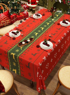 新年圣诞桌布防水防油免洗氛围感餐桌垫红色长条派对装饰布置台布