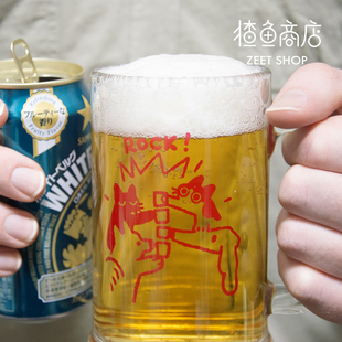 猹鱼商店 Let's ROCK! 原创啤酒杯猫咪小狗可爱玻璃把手杯大容量