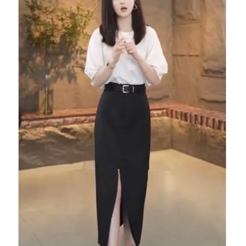 张函瑞同款灯笼袖T前开叉半裙