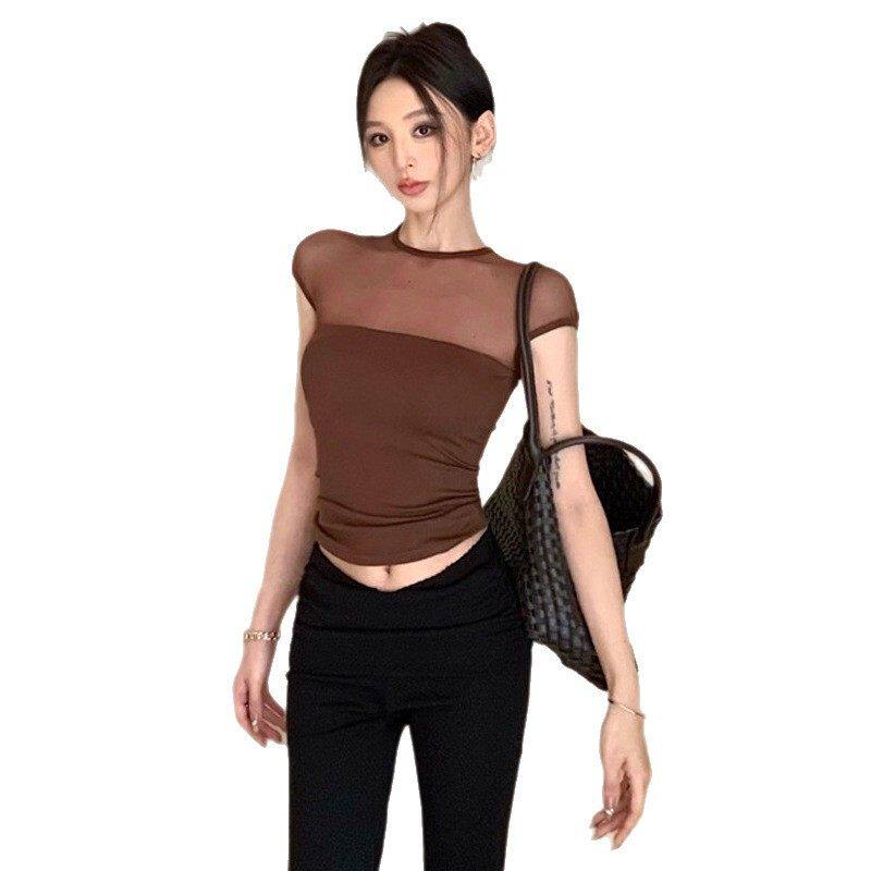 欧美辣妹茶艺透视网纱拼接无袖t恤女性感风高级感修身设计感上衣