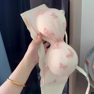 小胸bi备 刺绣蝴蝶文胸女小胸聚拢显大无钢圈性感无痕内衣 法式