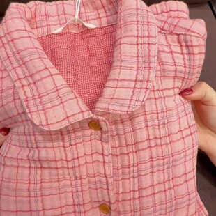 超显白！全棉A类五层纱格子睡衣女秋冬长袖翻领粉色家居服套装